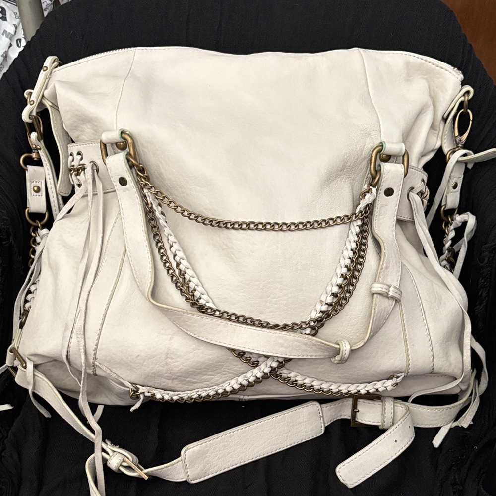 Genuine Taupe Leather Chain-Accent Hobo Bag - Women